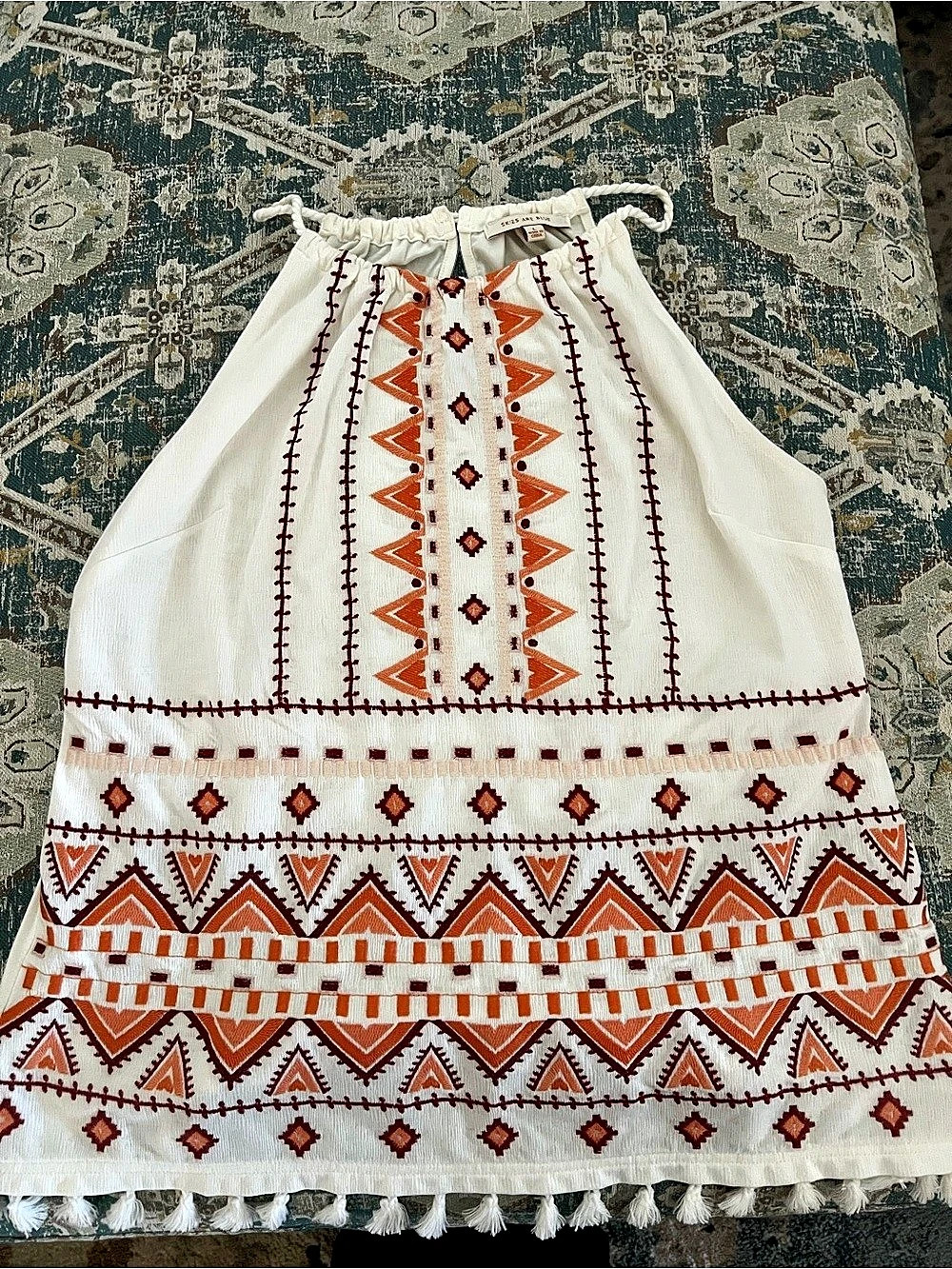 Skies Are Blue Embroidered Halter Tank Top White & Orange